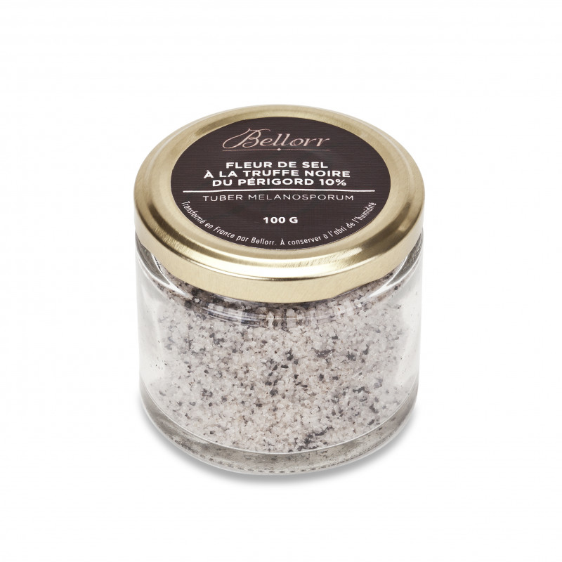 Vente de Fleur de sel à la Truffe Noire Fraîche. Pot de 60 g